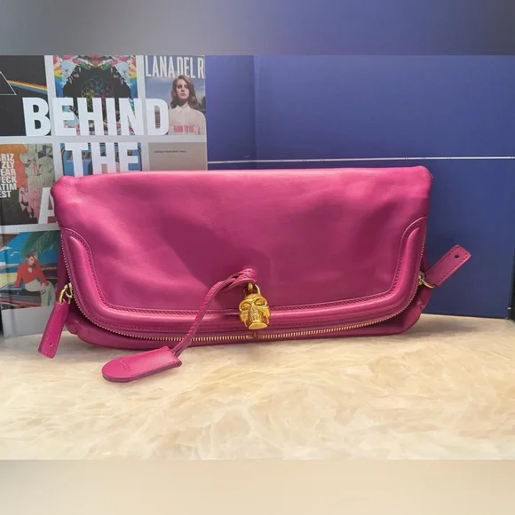 Alexander McQueen Skull Padlock Fold Over Clutch Fucshia